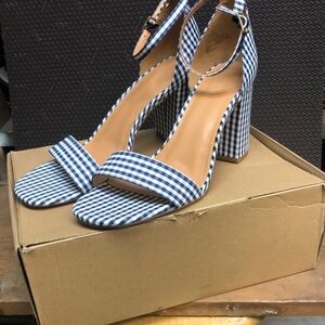 J Crew Navy Gingham Block Heel Sandals - NIB